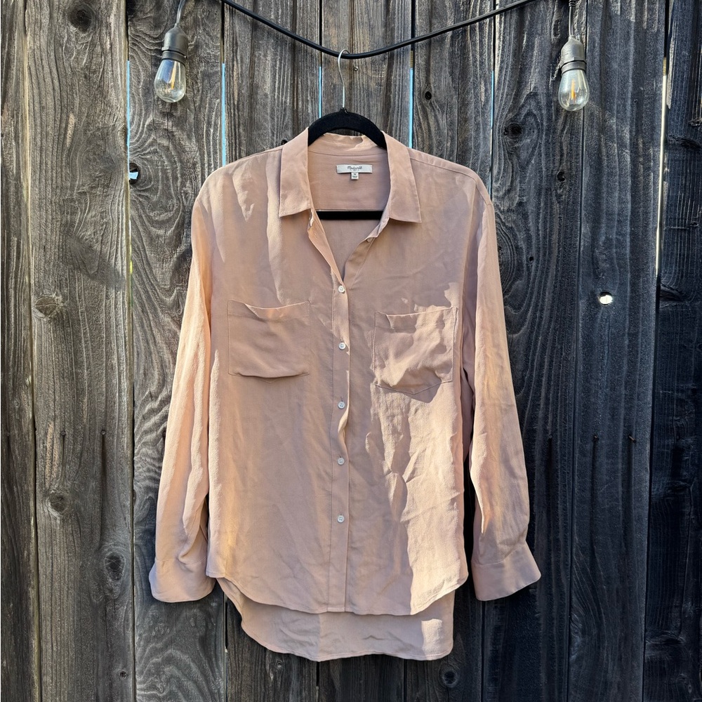 Madewell Dusty Pink Silk Button Down Shirt with Shiny White Buttons size medium